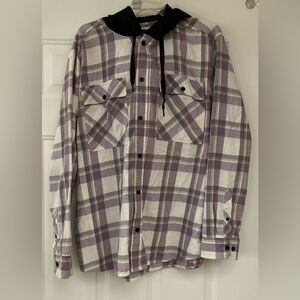 💜🤩💜No Boundaries Purple and White Plaid Button Down Hoodie with Chest Pockets